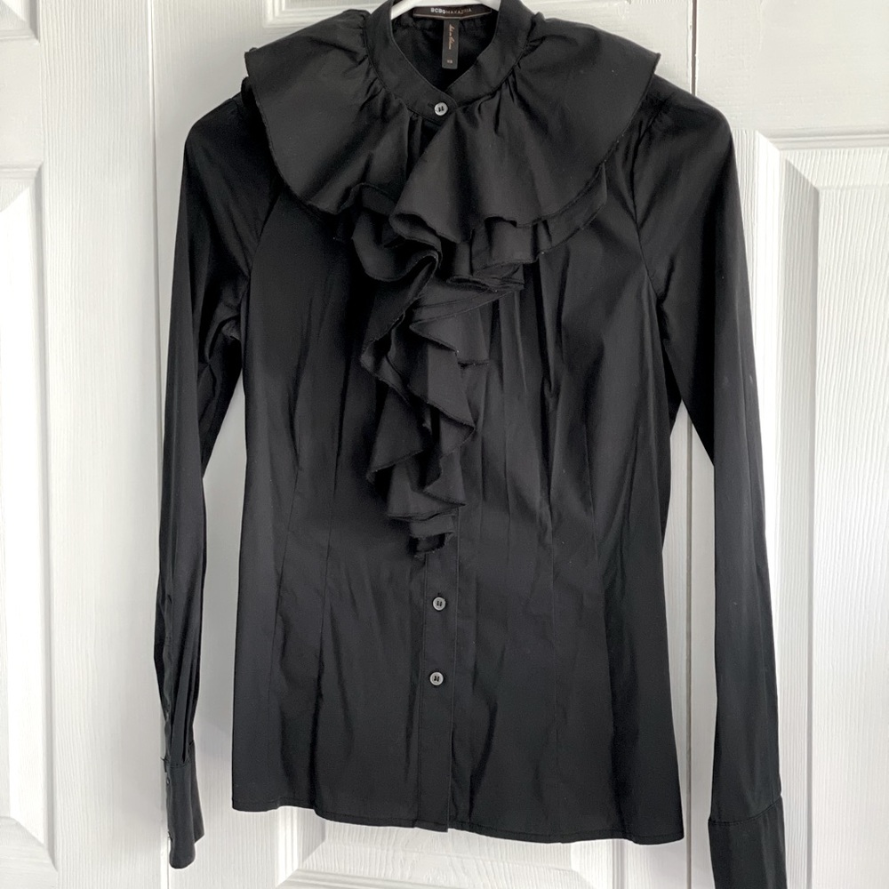 BCBGMAX AZRIA Black Ruffle Blouse
